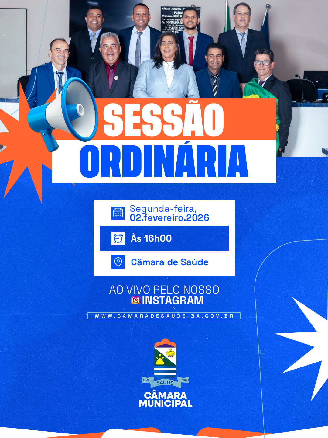 Sessão Ordinaria, nesta segunda-feira, 02 de fevereiro às 16h.