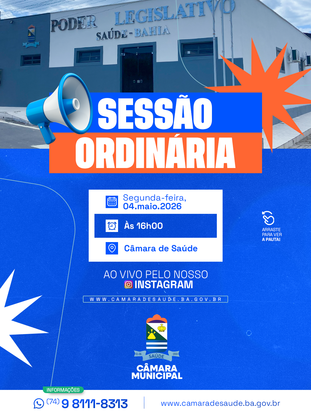 Sessão Ordinaria, nesta segunda-feira, 04 de maio às 16h.