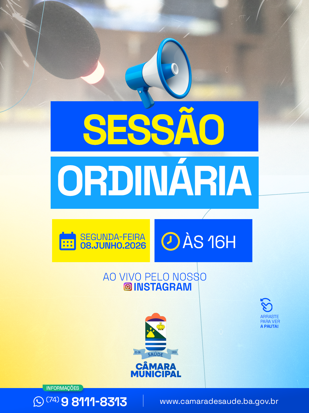 Sessão Ordinária, nesta segunda-feira, 08 de junho às 16h.